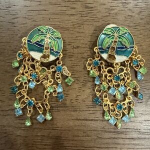 Vintage Lunch at the Ritz Palm Tree Chandelier Clip Earrings Beach Tropical 80s